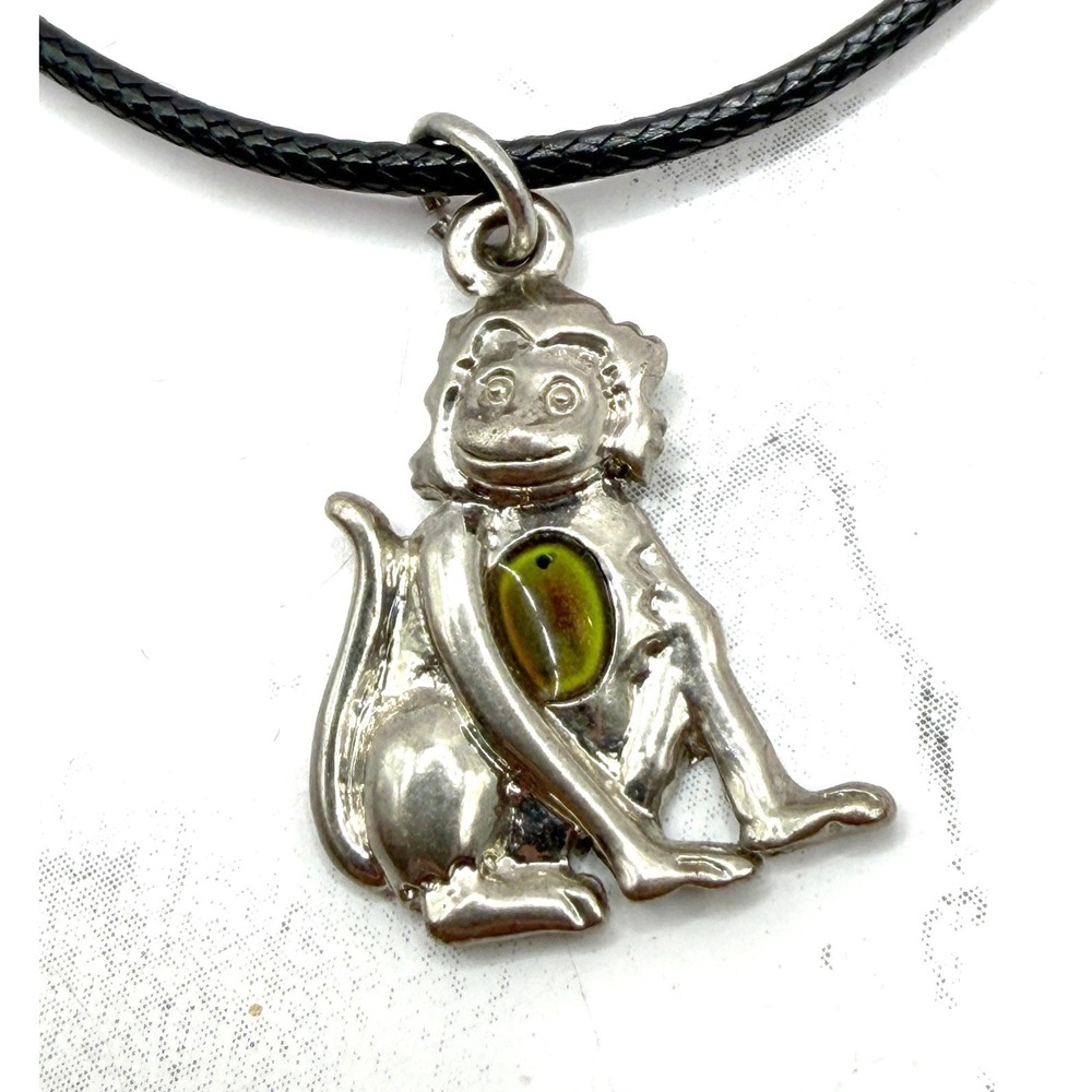 Monkey Pendant Necklace Green Cabochon Belly Silver Tone Charm Black 20" cord